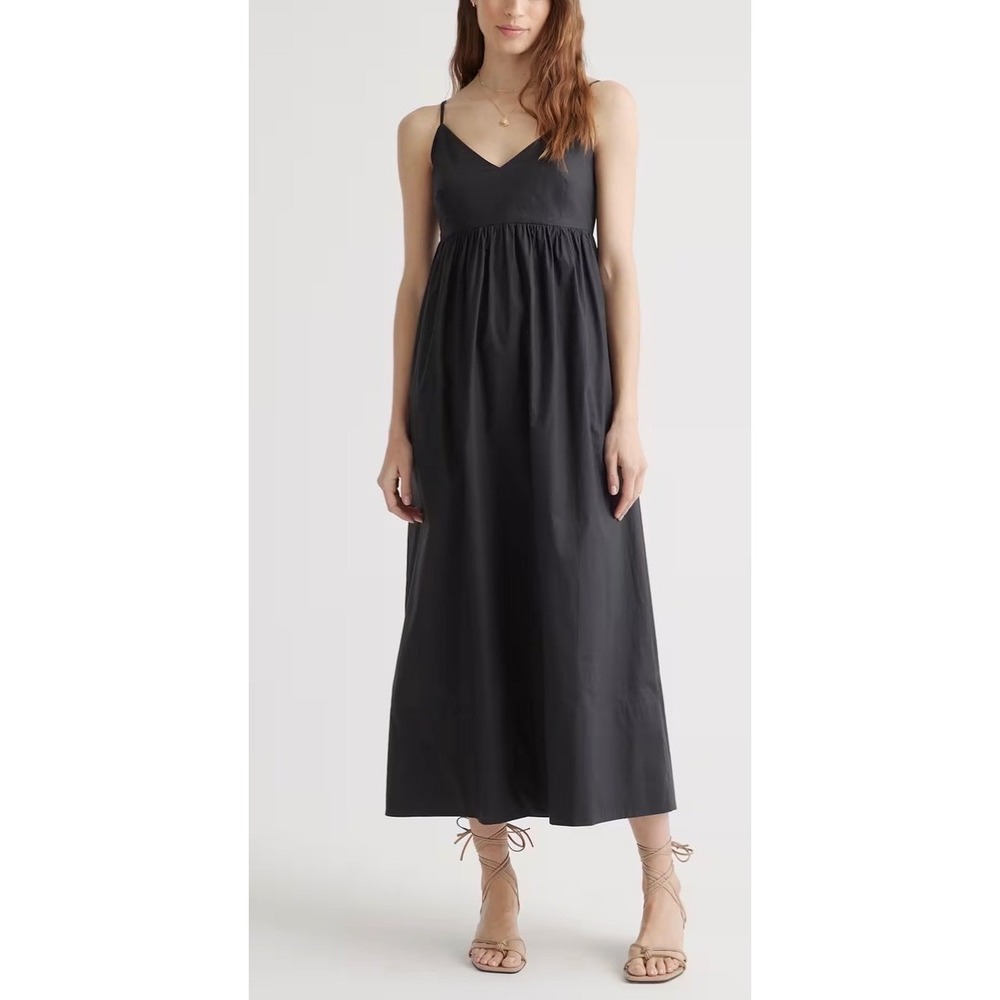 Quince Organic Cotton Maxi Dress Womens XS Black Smocked‎ V-Neck Summer Casual